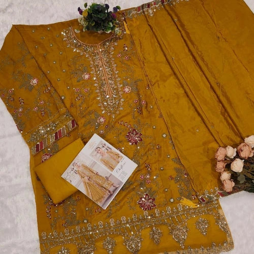 Chiffon Embroidered Suit Set with Khatli Neck Work