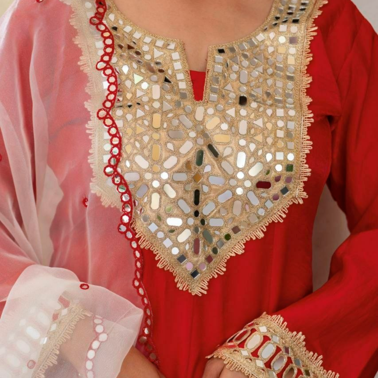 Aarohi Red Silk Sindoor Mirror Work Suit Set