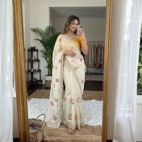 Rangoli Silk Floral Mirror Work Saree