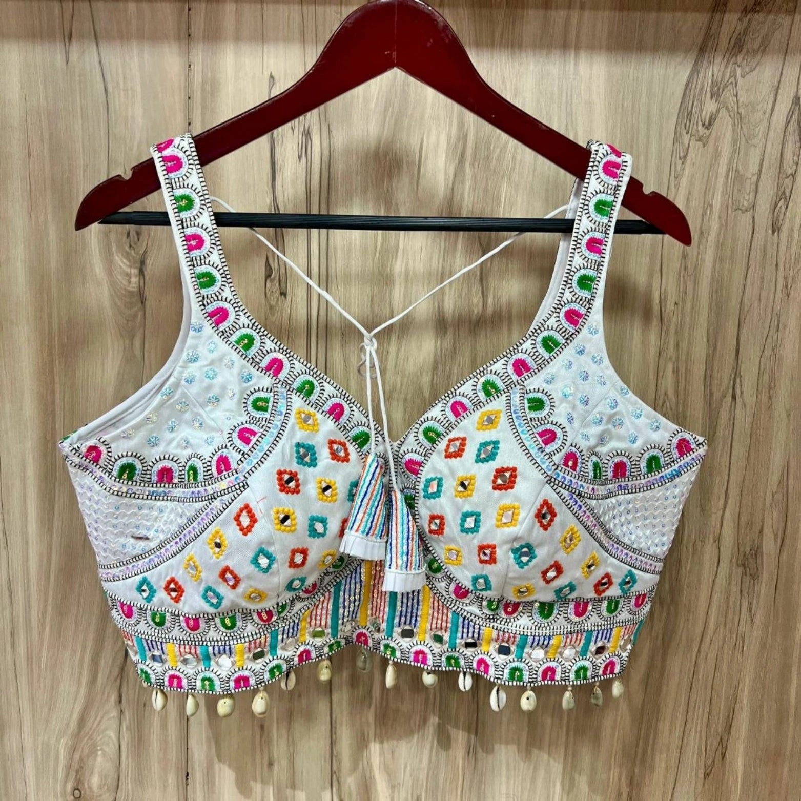 Heavy Embroidered Mirror Work Blouse with Kaudi Lace