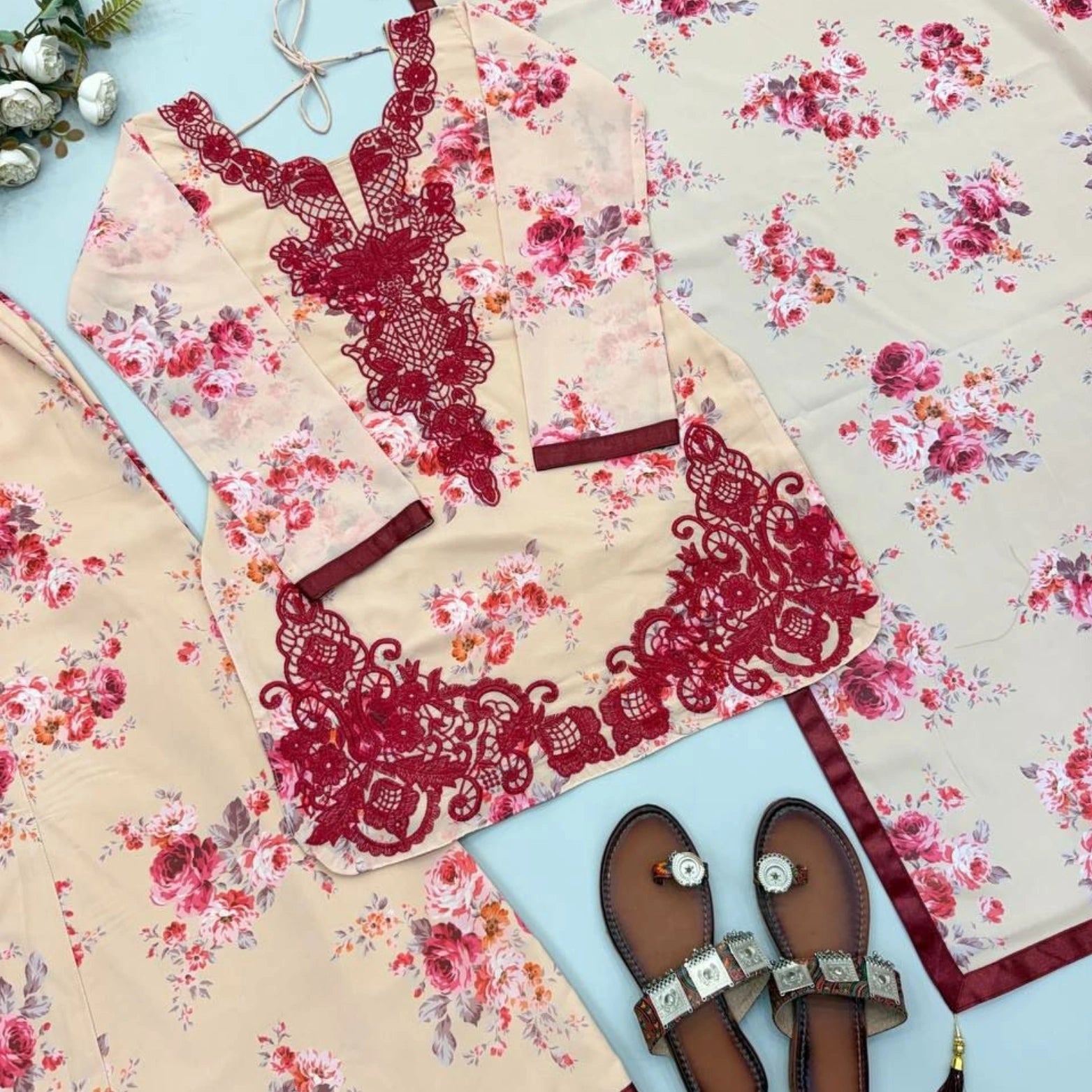 Ruhani Floral Faux Georgette Palazzo Suit Set