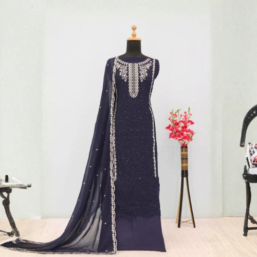 Fox Georgette Semi-Stitched Designer Suit with Sequined Embroidery