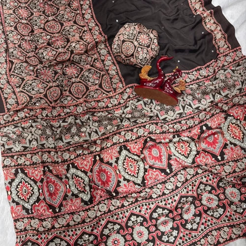 Ajrakh Mirror Work Crepe Silk Saree