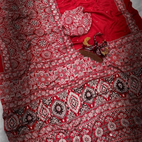 Ajrakh Mirror Work Crepe Silk Saree