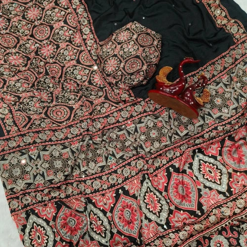 Ajrakh Mirror Work Crepe Silk Saree