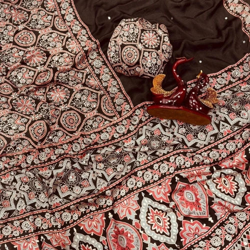 Ajrakh Mirror Work Crepe Silk Saree