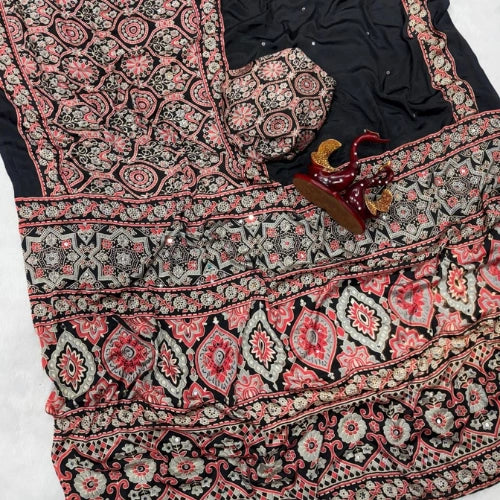 Ajrakh Mirror Work Crepe Silk Saree