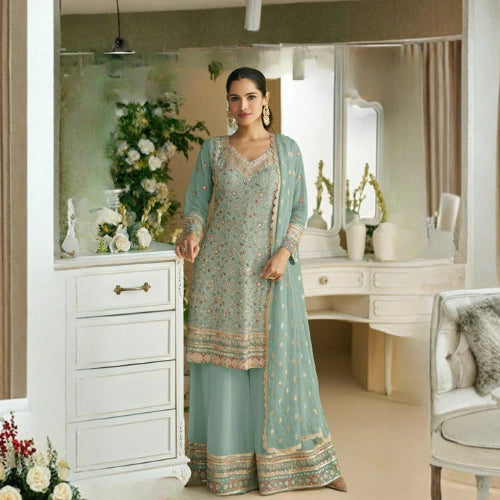 Heavy Faux Georgette Embroidered Palazzo Suit Set