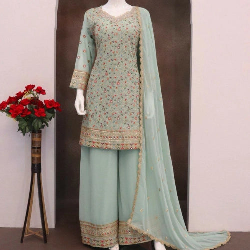 Heavy Faux Georgette Embroidered Palazzo Suit Set