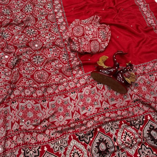 Ajrakh Mirror Work Crepe Silk Saree