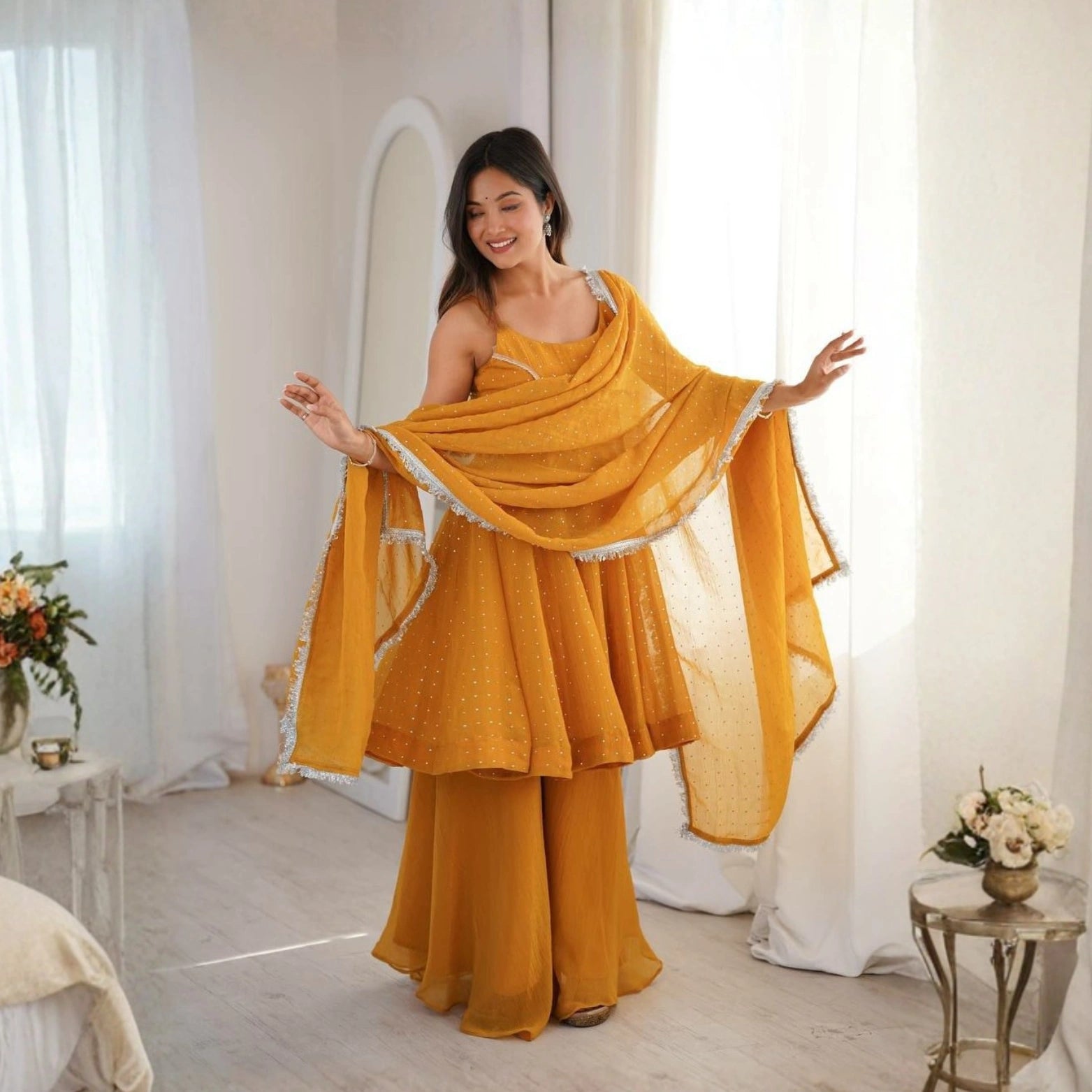Zaria Mustard Crunchy Silk Sharara Set