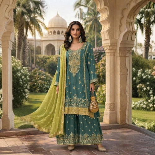 Heavy Chinnon Embroidered Palazzo Suit Set