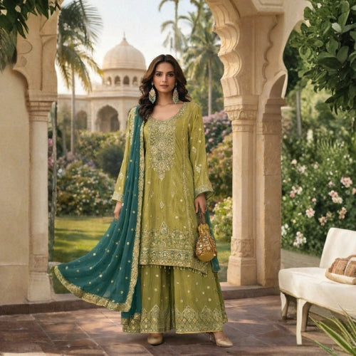 Heavy Chinnon Embroidered Palazzo Suit Set