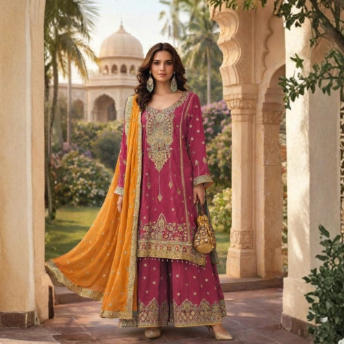Heavy Chinnon Embroidered Palazzo Suit Set