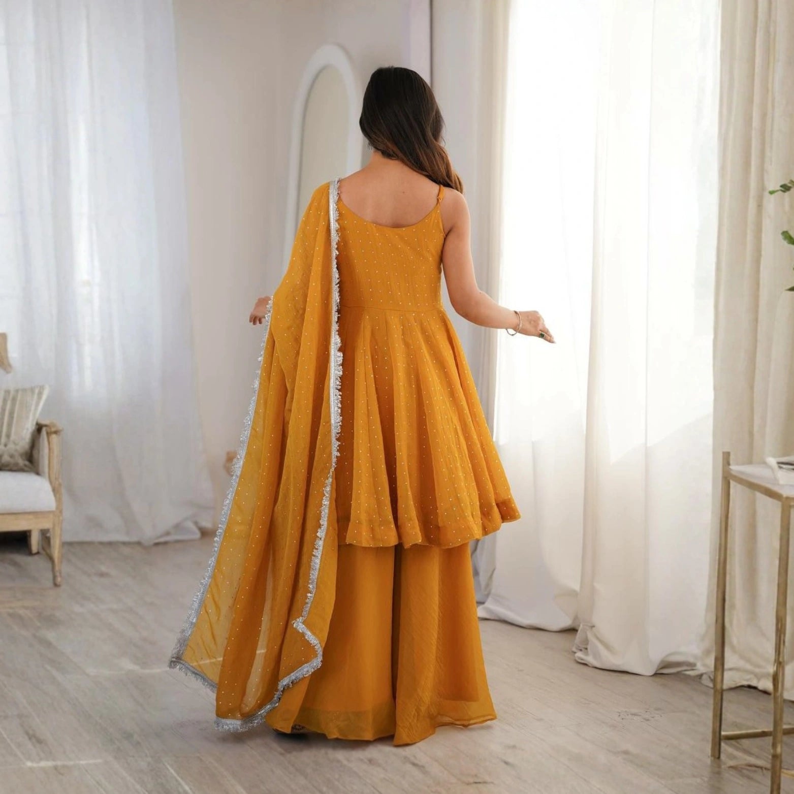Zaria Mustard Crunchy Silk Sharara Set