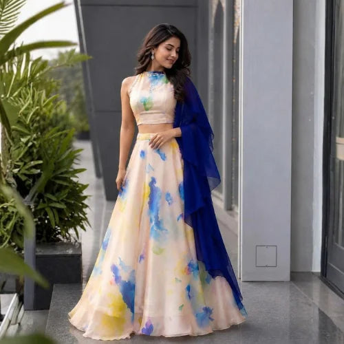 Printed Jimmy Organza Stone Work Lehenga Set