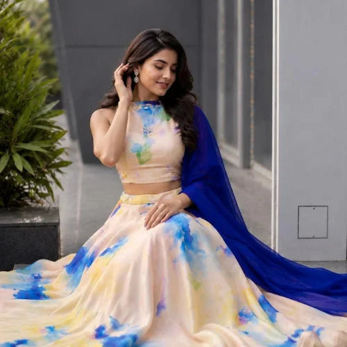 Printed Jimmy Organza Stone Work Lehenga Set