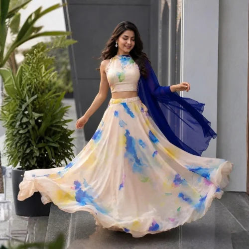 Printed Jimmy Organza Stone Work Lehenga Set