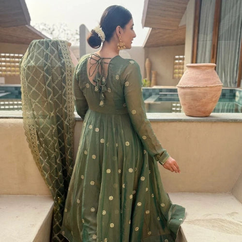 Designer Moss Fendi Embroidered Anarkali Suit Set
