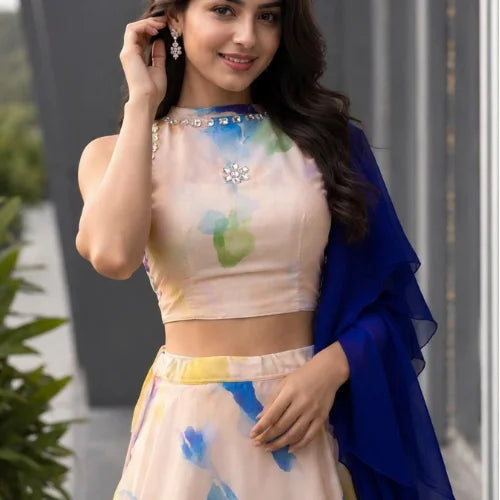 Printed Jimmy Organza Stone Work Lehenga Set