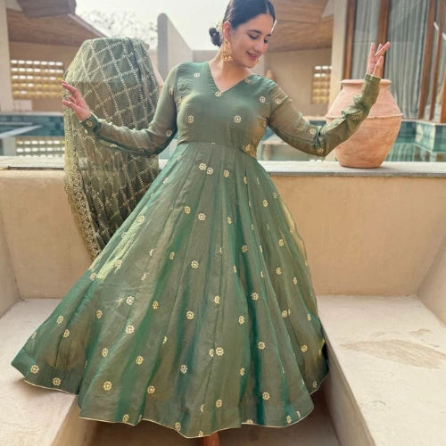 Designer Moss Fendi Embroidered Anarkali Suit Set
