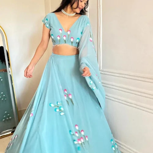 Georgette Handpainted Designer Lehenga Set