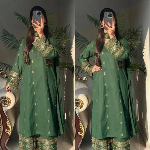 Heavy Pure Georgette Silk Embroidered Palazzo Suit Set