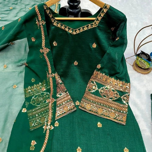 Heavy Pure Georgette Silk Embroidered Palazzo Suit Set