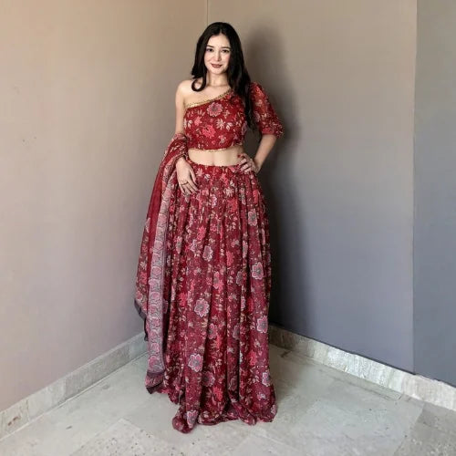 Floral Printed One-Shoulder Lehenga Set