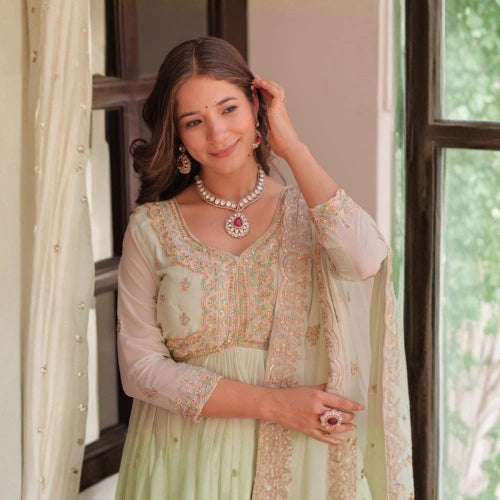 Star Georgette Embroidered Gown Set with Dupatta