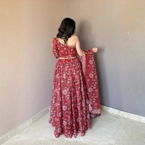 Floral Printed One-Shoulder Lehenga Set
