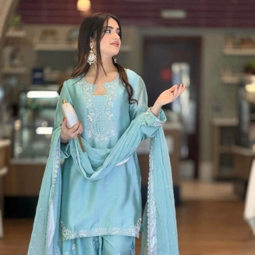 Roman Glass Silk Embroidered Farshi Palazzo Suit Set