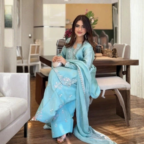 Roman Glass Silk Embroidered Farshi Palazzo Suit Set