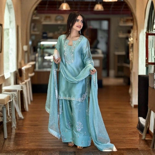 Roman Glass Silk Embroidered Farshi Palazzo Suit Set