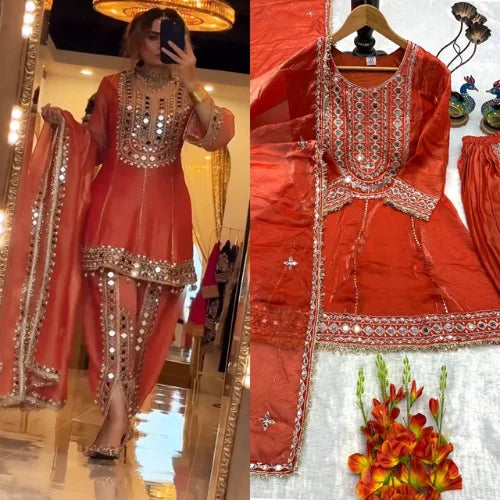 Mirror Work Frandy Silk Dhoti Suit Set