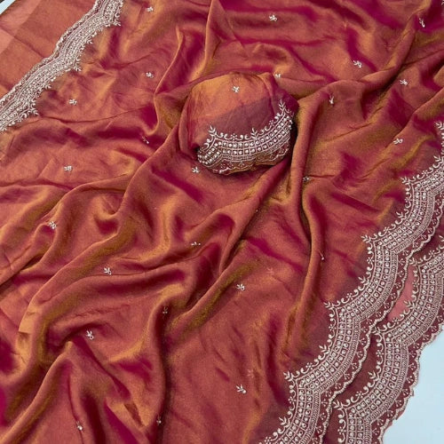 NC Moss Satin Dual Shade Embroidered Saree