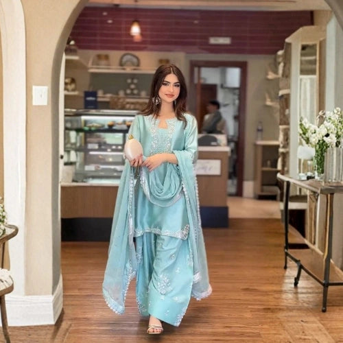 Roman Glass Silk Embroidered Farshi Palazzo Suit Set