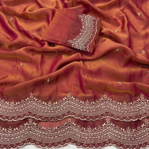 NC Moss Satin Dual Shade Embroidered Saree