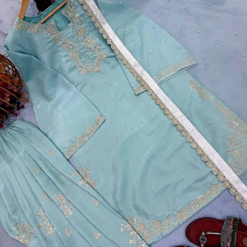 Roman Glass Silk Embroidered Farshi Palazzo Suit Set