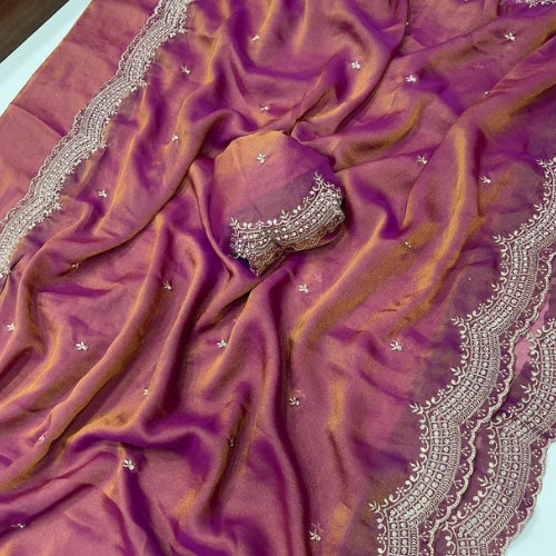 NC Moss Satin Dual Shade Embroidered Saree