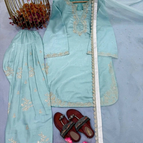 Roman Glass Silk Embroidered Farshi Palazzo Suit Set