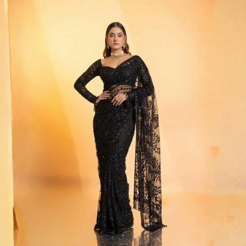 Afsana Black Butterfly Net Sequins Embroidered Saree