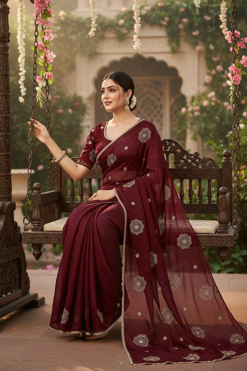 Fendi Satin Khatli Work Designer Saree