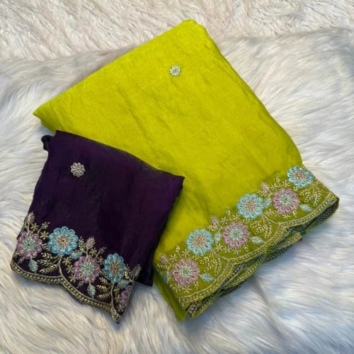 Soft Fendi Satin Silk Embroidered Saree