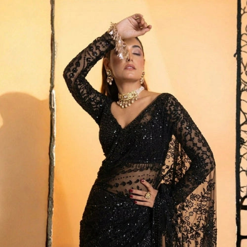 Afsana Black Butterfly Net Sequins Embroidered Saree