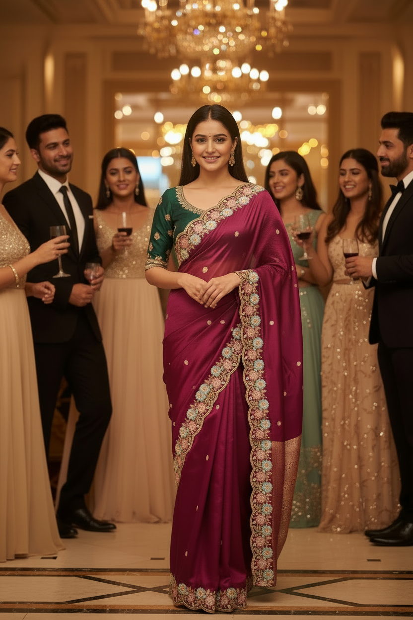 Soft Fendi Satin Silk Embroidered Saree