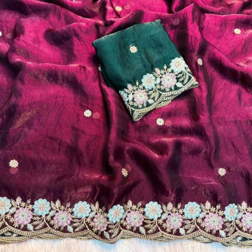 Soft Fendi Satin Silk Embroidered Saree