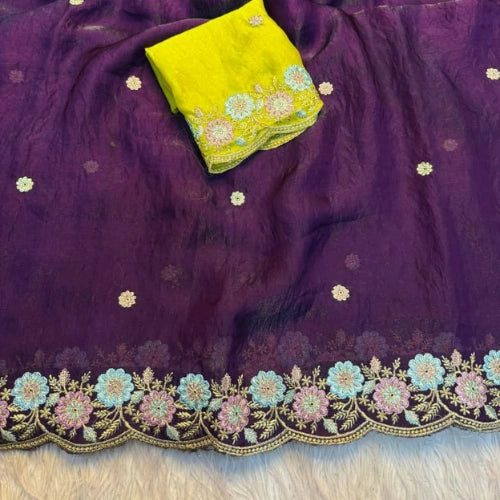 Soft Fendi Satin Silk Embroidered Saree