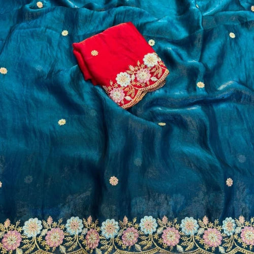 Soft Fendi Satin Silk Embroidered Saree