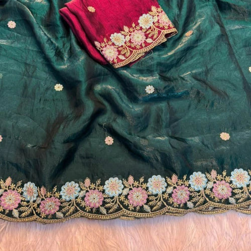 Soft Fendi Satin Silk Embroidered Saree